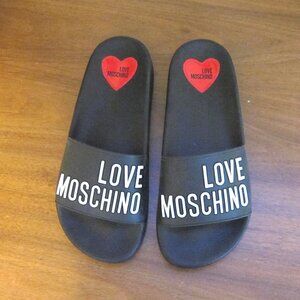 LOVE MOSCHINO RED HEART BLACK LOGO POOL SANDALS DESIGNER